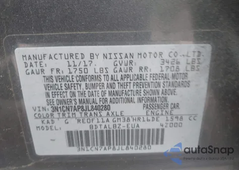 2018 Nissan Versa 1.6 Sv from USA, damaged, VIN 3N1CN7AP8JL840280